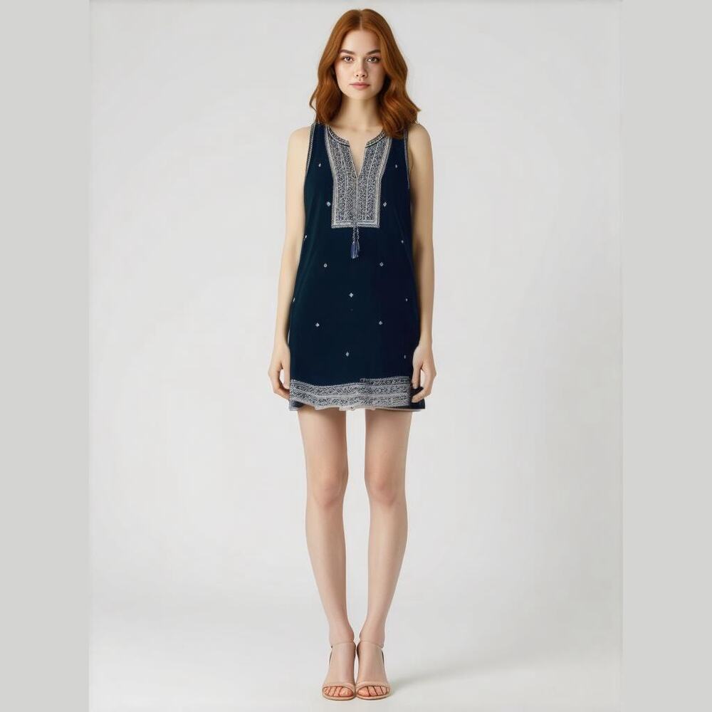 Madewell Navy Blue Split Neck Sleeveless Embroidered Trim Boho Mini Dress 2 XS